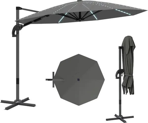 Alu Ampelschirm LED Solar Ø300cm höhenverstellbar