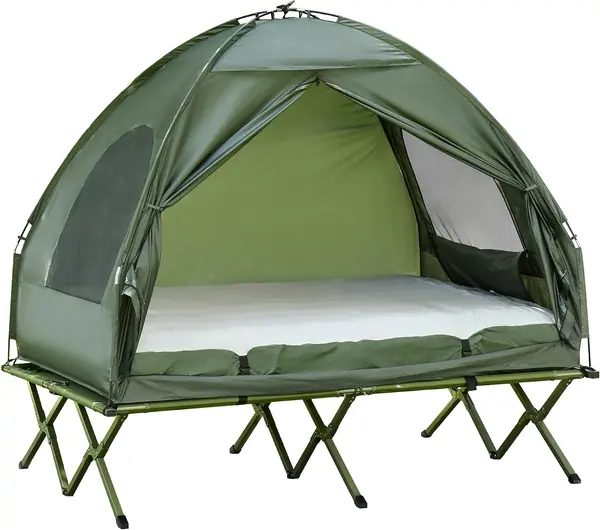 Erhöhtes Campingbett und Zelt